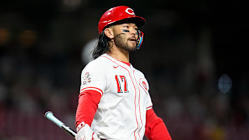 Cincinnati Reds right fielder Connor Joe (17) paces between pitches in the third inning of the MLB interleague game between the Cincinnati Reds and the Chicago White Sox at Great American Ball Park in Cincinnati on Tuesday, May 13, 2025. The score was 0-0 after three innings.
