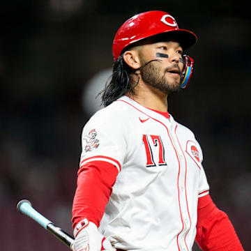Cincinnati Reds right fielder Connor Joe (17) paces between pitches in the third inning of the MLB interleague game between the Cincinnati Reds and the Chicago White Sox at Great American Ball Park in Cincinnati on Tuesday, May 13, 2025. The score was 0-0 after three innings.