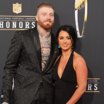 Feb 8, 2024; Las Vegas, NV, USA; Maxx Crosby and Rachel Crosby on the red carpet before the NFL Honors show at Resorts World Theatre. Mandatory Credit: Kirby Lee-USA TODAY Sports