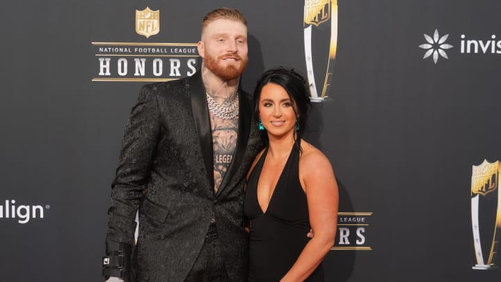 Feb 8, 2024; Las Vegas, NV, USA; Maxx Crosby and Rachel Crosby on the red carpet before the NFL Honors show at Resorts World Theatre. Mandatory Credit: Kirby Lee-USA TODAY Sports