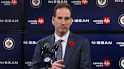 Nov 9, 2024; Winnipeg, Manitoba, CAN; Winnipeg Jets head coach Scott Arniel talks to media after their victory over the Dallas Stars at Canada Life Centre. Mandatory Credit: James Carey Lauder-Imagn Images