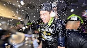 Sep 21, 2025; St. Louis, Missouri, USA; Milwaukee Brewers left fielder Christian Yelich (22) is showered with beer and champagne after the Brewers clinched the 2025 National League Central Division Championship following a game against the St. Louis Cardinals at Busch Stadium. Mandatory Credit: Jeff Curry-Imagn Images