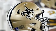 Dec 23, 2024; Green Bay, Wisconsin, USA;  General view of a New Orleans Saints helmet during the game against the Green Bay Packers at Lambeau Field. Mandatory Credit: Jeff Hanisch-Imagn Images