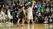 Oregon Ducks guard Jackson Shelstad (3) holds a pose after making a deep three against Indiana at Matthew Knight Arena. 