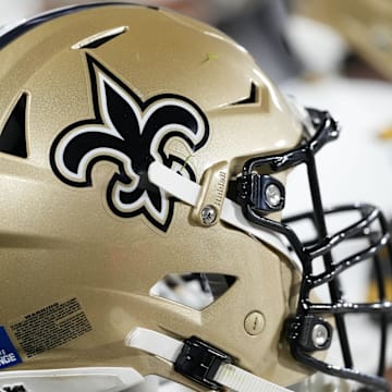 Dec 23, 2024; Green Bay, Wisconsin, USA;  General view of a New Orleans Saints helmet during the game against the Green Bay Packers at Lambeau Field. Mandatory Credit: Jeff Hanisch-Imagn Images