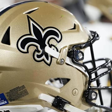 Dec 23, 2024; Green Bay, Wisconsin, USA;  General view of a New Orleans Saints helmet during the game against the Green Bay Packers at Lambeau Field. Mandatory Credit: Jeff Hanisch-Imagn Images