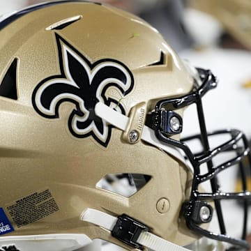 Dec 23, 2024; Green Bay, Wisconsin, USA;  General view of a New Orleans Saints helmet during the game against the Green Bay Packers at Lambeau Field. Mandatory Credit: Jeff Hanisch-Imagn Images