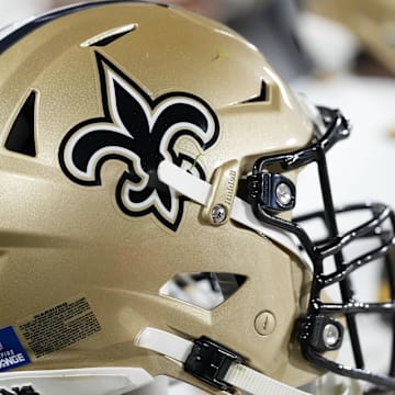 Dec 23, 2024; Green Bay, Wisconsin, USA;  General view of a New Orleans Saints helmet during the game against the Green Bay Packers at Lambeau Field. Mandatory Credit: Jeff Hanisch-Imagn Images
