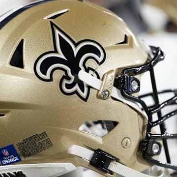 Dec 23, 2024; Green Bay, Wisconsin, USA;  General view of a New Orleans Saints helmet during the game against the Green Bay Packers at Lambeau Field. Mandatory Credit: Jeff Hanisch-Imagn Images