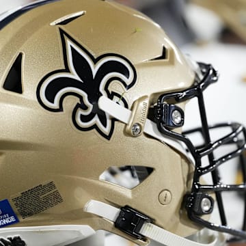 Dec 23, 2024; Green Bay, Wisconsin, USA;  General view of a New Orleans Saints helmet during the game against the Green Bay Packers at Lambeau Field. Mandatory Credit: Jeff Hanisch-Imagn Images