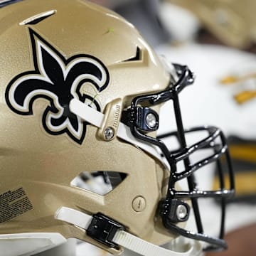 Dec 23, 2024; Green Bay, Wisconsin, USA;  General view of a New Orleans Saints helmet during the game against the Green Bay Packers at Lambeau Field. Mandatory Credit: Jeff Hanisch-Imagn Images