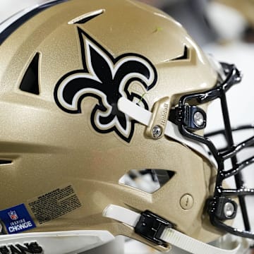Dec 23, 2024; Green Bay, Wisconsin, USA;  General view of a New Orleans Saints helmet during the game against the Green Bay Packers at Lambeau Field. Mandatory Credit: Jeff Hanisch-Imagn Images