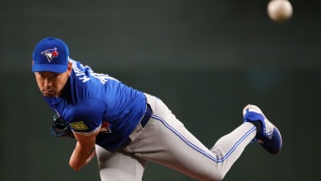 Jul 14, 2024; Phoenix, Arizona, USA; Toronto Blue Jays pitcher Yusei Kikuchi (16) pitches against the Arizona Diamondbacks during the first inning at Chase Field. Mandatory Credit: Joe Camporeale-USA TODAY Sports