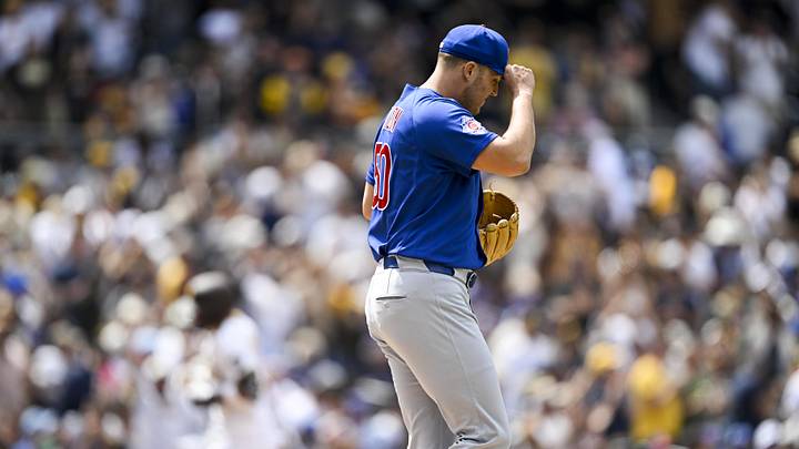 Apr 29, 2026; San Diego, California, USA; Chicago Cubs starting pitcher Jameson Taillon (50) stands on the mound as San Diego Padres left fielder Miguel Andujar (41) rounds the bases after Andujar hit a two-run home run during the fifth inning at Petco Park. Mandatory Credit: Denis Poroy-Imagn Images