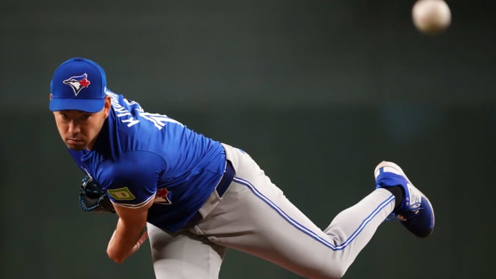 Jul 14, 2024; Phoenix, Arizona, USA; Toronto Blue Jays pitcher Yusei Kikuchi (16) pitches against the Arizona Diamondbacks during the first inning at Chase Field. Mandatory Credit: Joe Camporeale-USA TODAY Sports