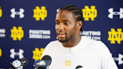 Notre Dame corner back Benjamin Morrison addresses media after a Notre Dame football practice at Irish Athletic Center on Thursday, Aug. 15, 2024, in South Bend.