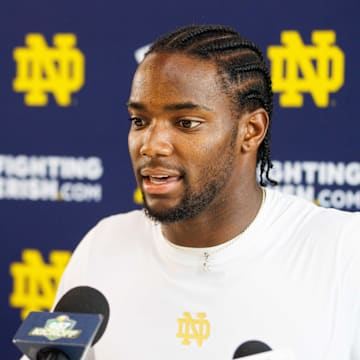 Notre Dame corner back Benjamin Morrison addresses media after a Notre Dame football practice