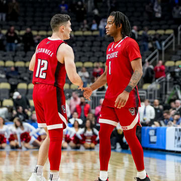 NC State basketball guards Michael O'Connell and Jayden Taylor