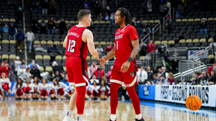 NC State basketball guards Michael O'Connell and Jayden Taylor