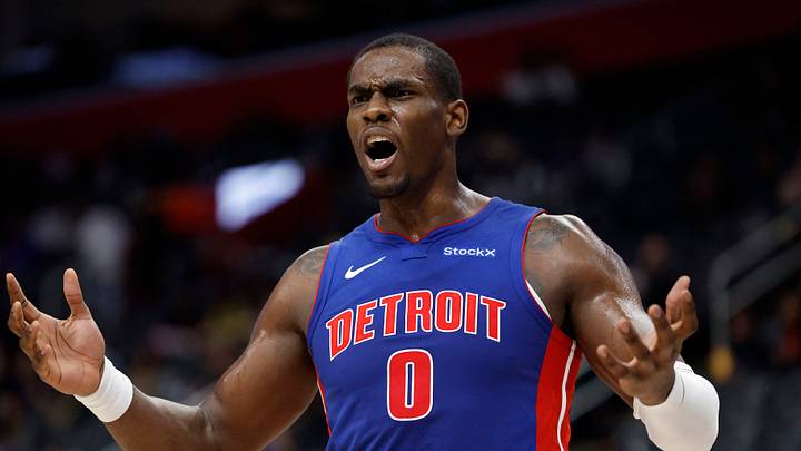 Dec 16, 2024; Detroit, Michigan, USA;  Detroit Pistons center Jalen Duren (0) reacts in the first half against the Miami Heat at Little Caesars Arena. Mandatory Credit: Rick Osentoski-Imagn Images
