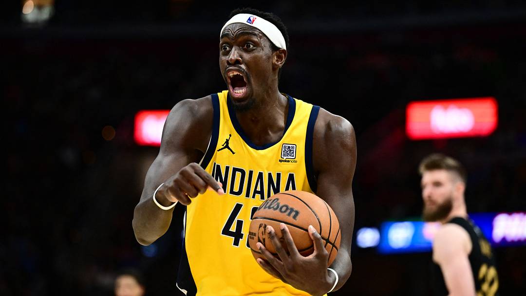 May 13, 2025; Cleveland, Ohio, USA; Indiana Pacers forward Pascal Siakam (43) reacts after a play during the second half against the Cleveland Cavaliers in game five of the second round for the 2025 NBA Playoffs at Rocket Arena. Mandatory Credit: Ken Blaze-Imagn Images