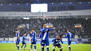 Archie Brown celebrates his goal against Standard Liege last time out 