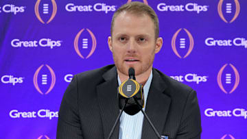 Jan 6, 2024; Houston, TX, USA; ESPN analyst Greg McElroy talks to the media during media day before the College Football Playoff national championship game against the Michigan Wolverines at George R Brown Convention Center. Mandatory Credit: Kirby Lee-Imagn Images