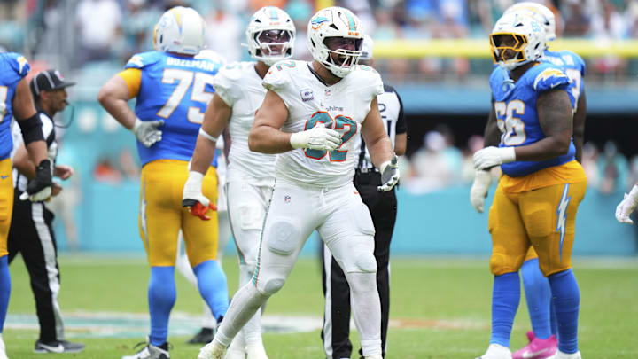 Miami Dolphins defensive tackle Zach Sieler (92) reacts against the Los Angeles Chargers during the fourth quarter at Hard Rock Stadium.