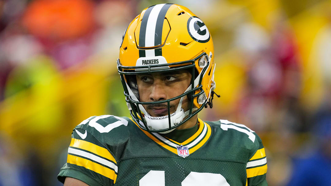 Nov 24, 2024; Green Bay, Wisconsin, USA;  Green Bay Packers quarterback Jordan Love (10) during warmups prior to the game against the San Francisco 49ers at Lambeau Field. Mandatory Credit: Jeff Hanisch-Imagn Images