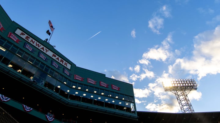 Apr 16, 2024; Boston, Massachusetts, USA; A general view of the Fenway Park facade during a game between the Cleveland Guardians and the Boston Red Sox at Fenway Park. Mandatory Credit: Paul Rutherford-USA TODAY Sports