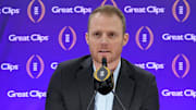 Jan 6, 2024; Houston, TX, USA; ESPN analyst Greg McElroy talks to the media during media day before the College Football Playoff national championship game against the Michigan Wolverines at George R Brown Convention Center. Mandatory Credit: Kirby Lee-Imagn Images