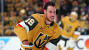 Vegas Golden Knights right wing Reilly Smith warms up before a game against the Edmonton Oilers.