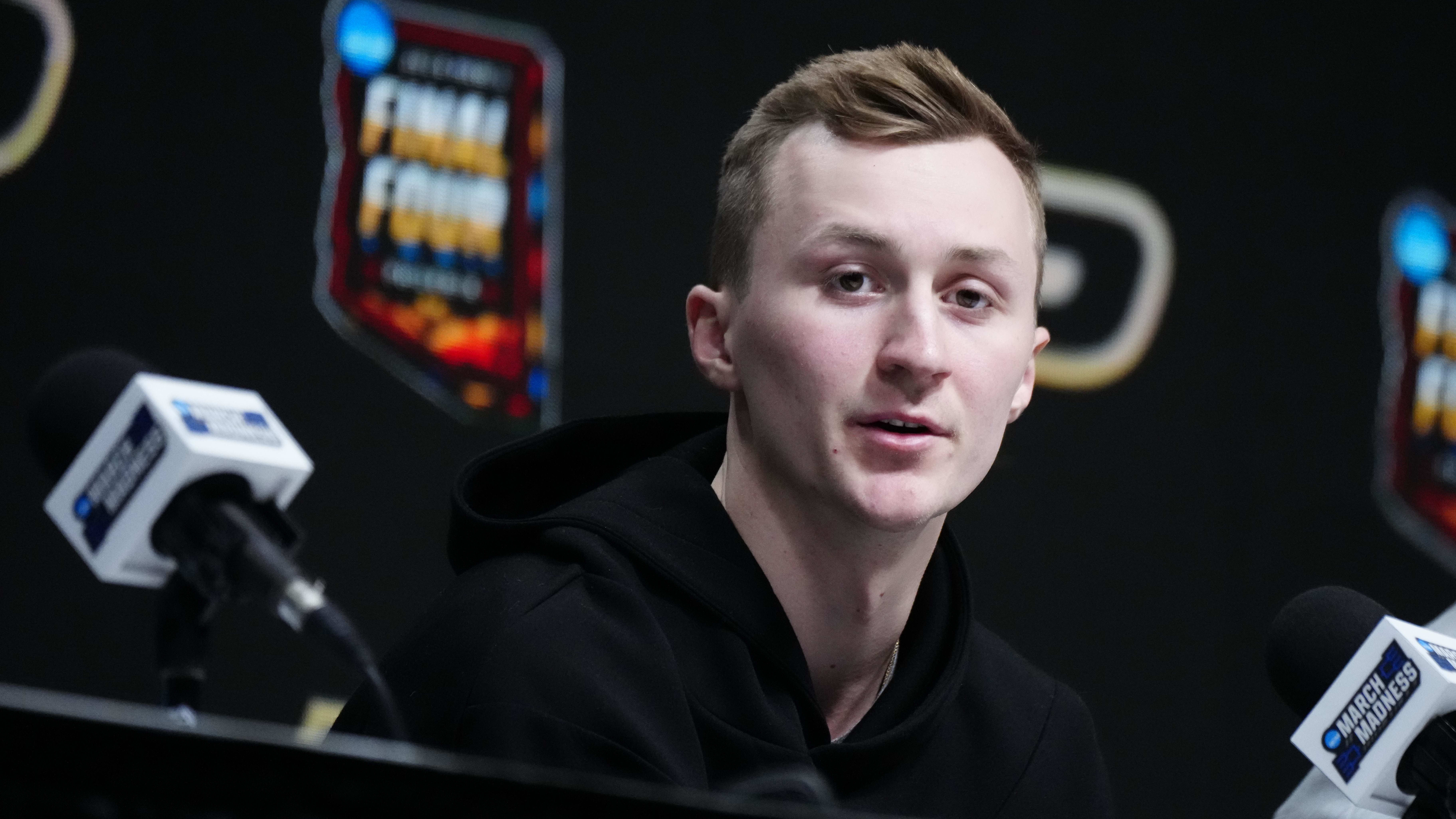 Fletcher Loyer speaks during Purdue's media availability