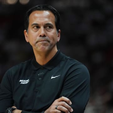Apr 27, 2024; Miami, Florida, USA; Miami Heat head coach Erik Spoelstra looks against the Boston Celtics in the first half during game three of the first round for the 2024 NBA playoffs at Kaseya Center. Mandatory Credit: Jim Rassol-USA TODAY Sports
