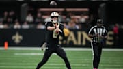 Oct 26, 2025; New Orleans, Louisiana, USA; New Orleans Saints quarterback Tyler Shough (6) throws downfield during the fourth quarter against the Tampa Bay Buccaneers at Caesars Superdome. Mandatory Credit: Matthew Hinton-Imagn Images