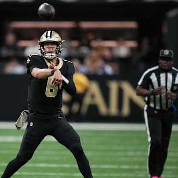 Oct 26, 2025; New Orleans, Louisiana, USA; New Orleans Saints quarterback Tyler Shough (6) throws downfield during the fourth quarter against the Tampa Bay Buccaneers at Caesars Superdome. Mandatory Credit: Matthew Hinton-Imagn Images