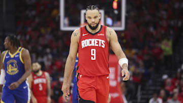 Apr 20, 2025; Houston, Texas, USA; Houston Rockets forward Dillon Brooks (9) reacts after a play during the third quarter against the Golden State Warriors at Toyota Center. Mandatory Credit: Troy Taormina-Imagn Images