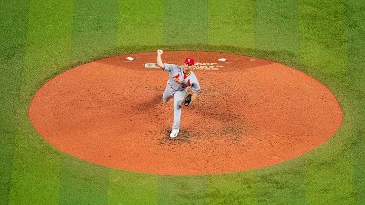 Jul 6, 2023; Miami, Florida, USA; St. Louis Cardinals starting pitcher Jack Flaherty (22) throws a pitch against the Miami Marlins during the fifth inning at loanDepot Park. Mandatory Credit: Rich Storry-Imagn Images