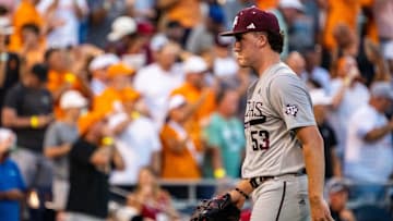 Texas A&M Aggies pitcher Evan Aschenbeck (53) walks off the field during the eighth inning against the Tennessee Volunteers at Charles Schwab Field Omaha.