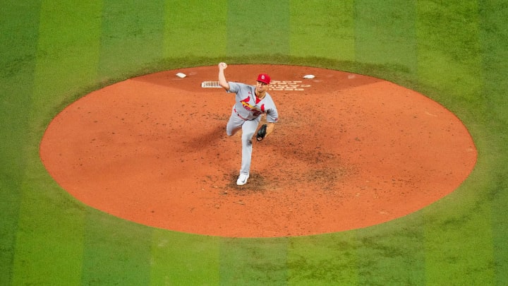 Jul 6, 2023; Miami, Florida, USA; St. Louis Cardinals starting pitcher Jack Flaherty (22) throws a pitch against the Miami Marlins during the fifth inning at loanDepot Park. Mandatory Credit: Rich Storry-USA TODAY Sports