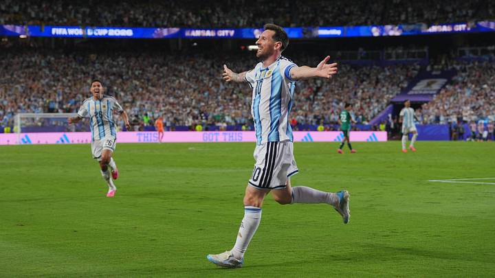 Argentina's Lionel Messi celebrates goal during the 2026 World Cup at Arrowhead Stadium in Kansas City.