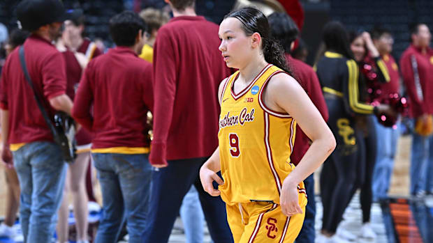 Mar 29, 2025; Spokane, WA, USA; USC Trojans guard Kayleigh Heckel (9) walks off the court during the second half of a Sweet 