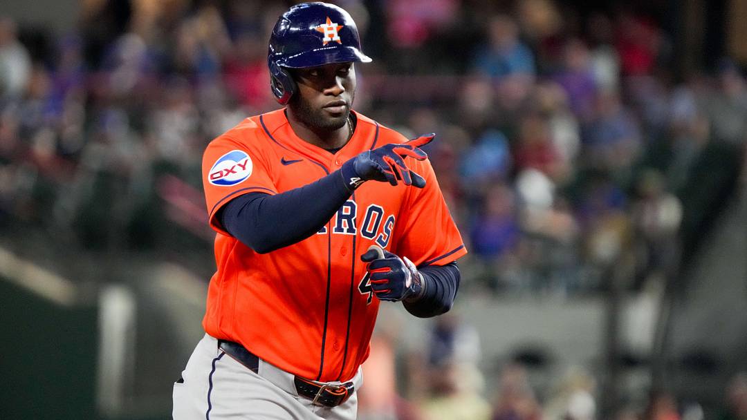 May 26, 2026; Arlington, Texas, USA; Houston Astros designated hitter Yordan Alvarez (44) reacts as he rounds the bases after hitting a solo home run against the Texas Rangers during the eighth inning at Globe Life Field. 
