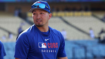 Apr 12, 2025; Los Angeles, California, USA; Chicago Cubs outfielder Seiya Suzuki (27) before the game against the Los Angeles Dodgers at Dodger Stadium. Mandatory Credit: Kiyoshi Mio-Imagn Images