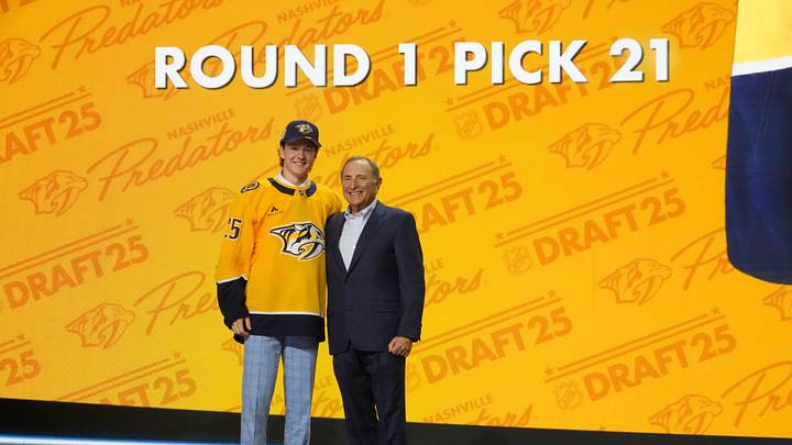 Jun 27, 2025; Los Angeles, California, USA; Cameron Reid is selected as the 21st overall pick to the Nashville Predators in the first round of the 2025 NHL Draft at Peacock Theater. Mandatory Credit: Kirby Lee-Imagn Images