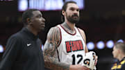 Mar 12, 2025; Houston, Texas, USA; Houston Rockets center Steven Adams (12) walks off the court after being ejected during the second quarter against the Phoenix Suns at Toyota Center. Mandatory Credit: Troy Taormina-Imagn Images