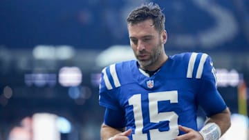 Indianapolis Colts quarterback Joe Flacco (15) heads off the field Sunday, Nov. 10, 2024, after losing 30-20 to the Buffalo Bills at Lucas Oil Stadium in Indianapolis.
