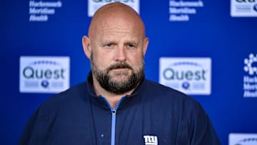 May 10, 2025; East Rutherford, NJ, USA; New York Giants head coach Brian Daboll speaks during a press conference before rookie minicamp at Quest Diagnostics Training Center. Mandatory Credit: John Jones-Imagn Images