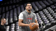 Mar 21, 2025; Dallas, Texas, USA; Detroit Pistons forward Tobias Harris (12) warms up before the game between the Dallas Mavericks and the Detroit Pistons at the American Airlines Center. Mandatory Credit: Jerome Miron-Imagn Images