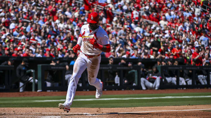 Apr 6, 2024; St. Louis, Missouri, USA;  St. Louis Cardinals right fielder Jordan Walker (18) scores on a throwing error by Miami Marlins starting pitcher Trevor Rogers (not pictured) during the fourth inning at Busch Stadium. Mandatory Credit: Jeff Curry-USA TODAY Sports